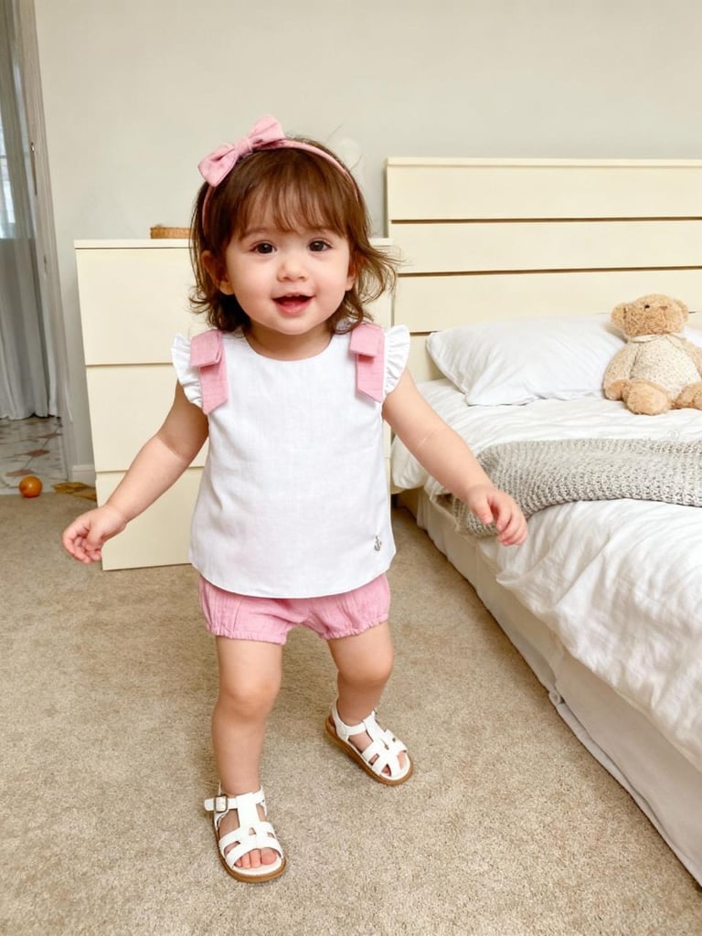 Toddler girl in pink and white outfit with bow standing in bedroom next to bed with teddy bear