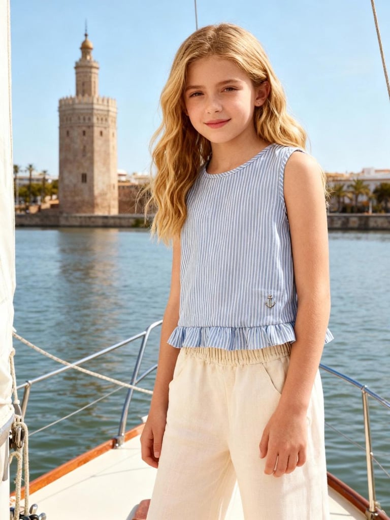 Young girl with blonde wavy hair smiling on a sailboat with historic tower visible across the water in the background