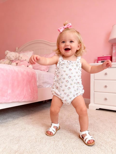 Smiling toddler girl with blonde curls and pink bow standing in a pink-themed bedroom with arms outstretched