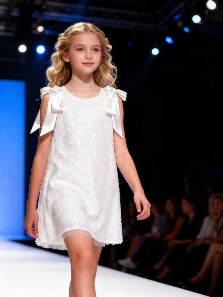 Young girl walking on fashion runway wearing white dress with bow shoulders, stage lights in background