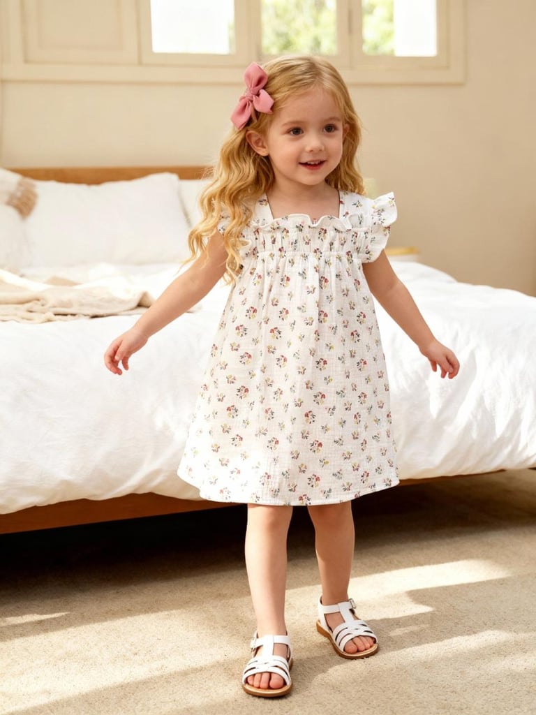 Young girl with blonde hair and pink bow wearing a white floral dress standing in a bright bedroom
